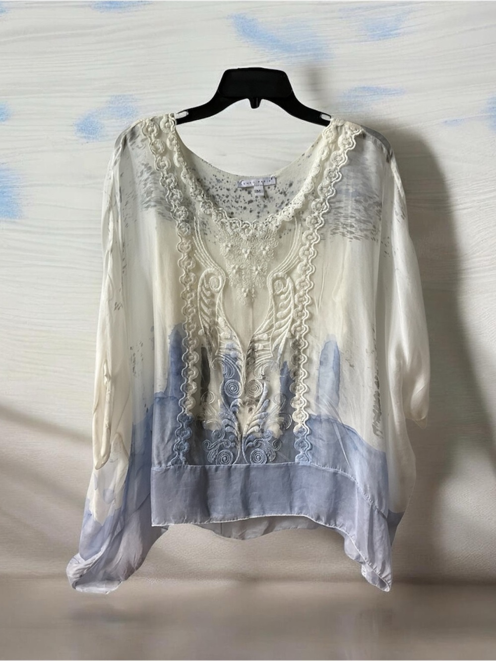 Tempo Paris Cream Tunic with Light Blue Embroidered Accents